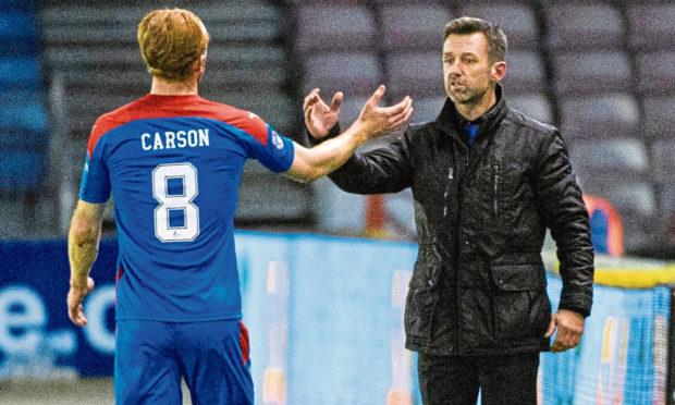 Inverness interim manager Neil McCann with David Carson during the 1-1 draw with Hearts.