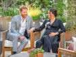 Prince Harry, left, and Meghan, Duchess of Sussex, speaking about expecting their second child during an interview with Oprah Winfrey.