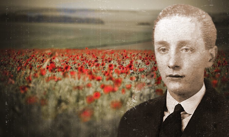 Poppy fields in France, inset, Aberdeen soldier Angus McLeod who was killed in action just weeks before the armistice in 1918.