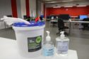 Evening telegraph/ Courier news CR0027036   G Jennings pics , some of the precautions Harris Academy have put in for the return of pupils after lockdown, plenty hand sanitizer and wipes in the classrooms, wednesday 10th march.