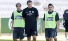 Former Hibs manager Tony Mowbray (centre) with Kevin Thomson (left) and Stephen Glass.
