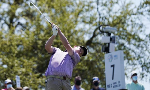 Robert MacIntyre, of Scotland, hits his tee shot on the No. 7 hole during a third round match at the Dell Technologies Match Play Championship golf tournament Friday, March 26, 2021, in Austin, Texas.
