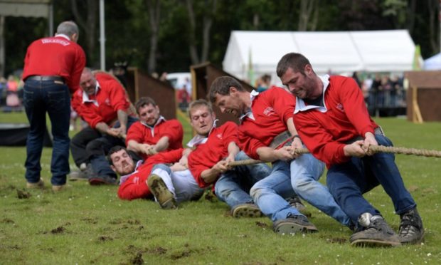 The Elgin tug of war team competing at the Aberdeen Highland Games in 2019.