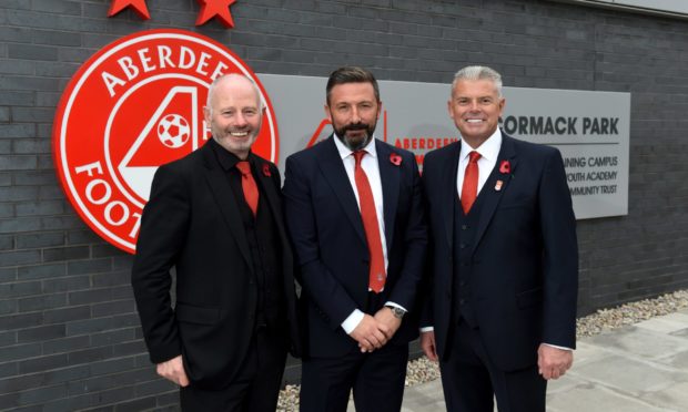 Dave Cormack (right) with Derek McInnes and Stewart Milne at the opening of Cormack Park in 2019.