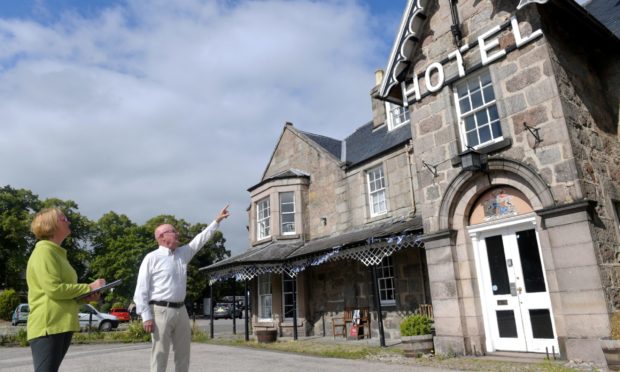 Claire Fraser and Dave Marshall outside the Huntly Arms in August 2020.