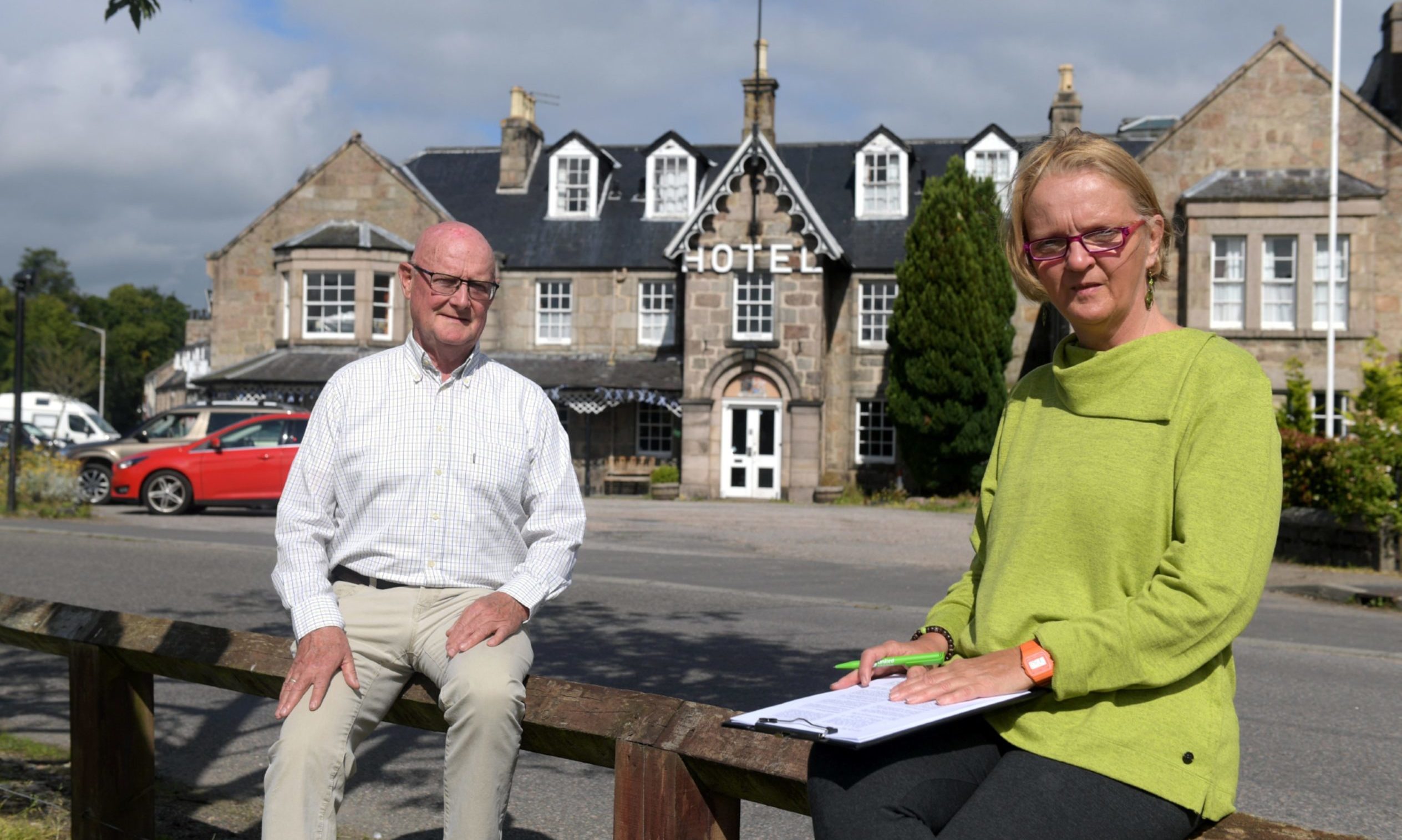 Dave Marshall and Claire Fraser outside the Huntly Arms.