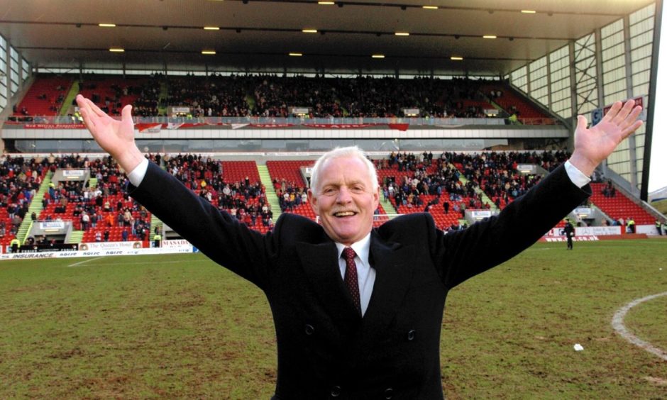 Emmerdale star Chris Chittell at Pittodrie giving an appeal at half time for people to join the Anthony Nolan register in 2005.