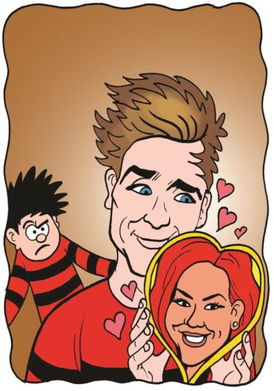 Joe Sugg with his partner in crime Dianne Buswell drawn in Beano art style.