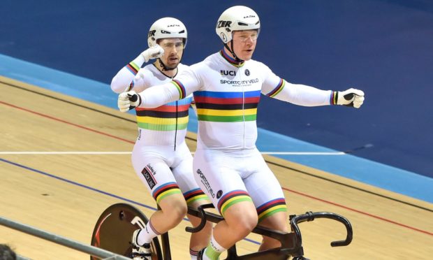 Neil Fachie and Matthew Rotherham celebrating after the Mixed Para 200m Flying Start Time Trial in 2019.