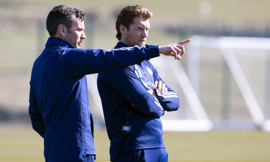 Stephen Glass (L) and Allan Russell during Aberdeen training.