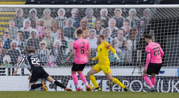 St Mirren's Marcus Fraser (L) makes it 2-1 against Caley Thistle in the dying embers of the Scottish Cup tie.