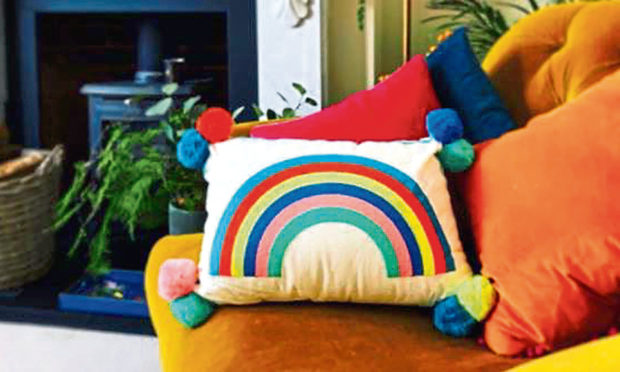 Embroidered rainbow cushion, £35, www.mylesfromhome.co.uk
