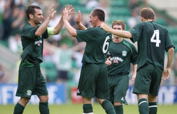 Stephen Glass and Scott Brown celebrate together during their time at Hibernian.