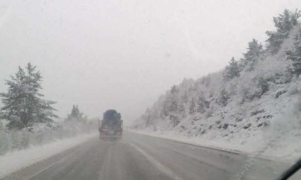 Snow on the A9 this morning. Picture by David Hannah