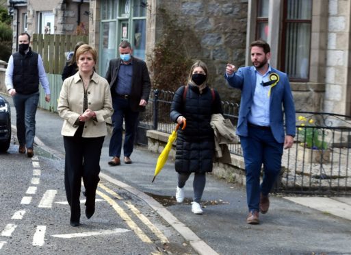 SNP leader Nicola Sturgeon and Aberdeenshire West candidate, Fergus Mutch, campaigning in Insch