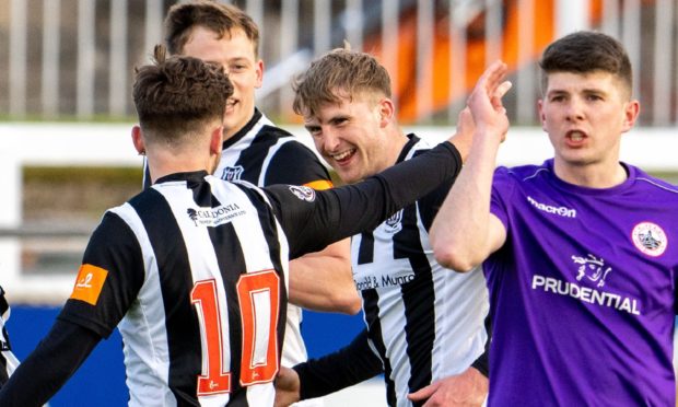 Aiden Sopel celebrates scoring for Elgin City against Stirling Albion.