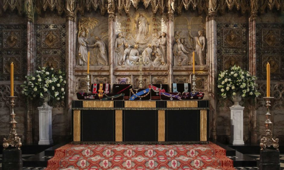 The Duke of Edinburgh's Insignias placed on the altar in St George's Chapel.