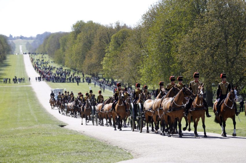 Kings Troop Royal Horse Artillery make their way up The Long Walk towards Windsor Castle ahead of the funeral of the Duke of Edinburgh in Windsor Castle, Berkshire. Picture date: Saturday April 17, 2021. PA Photo. See PA story FUNERAL Philip. Photo credit should read: Phil Noble/PA Wire