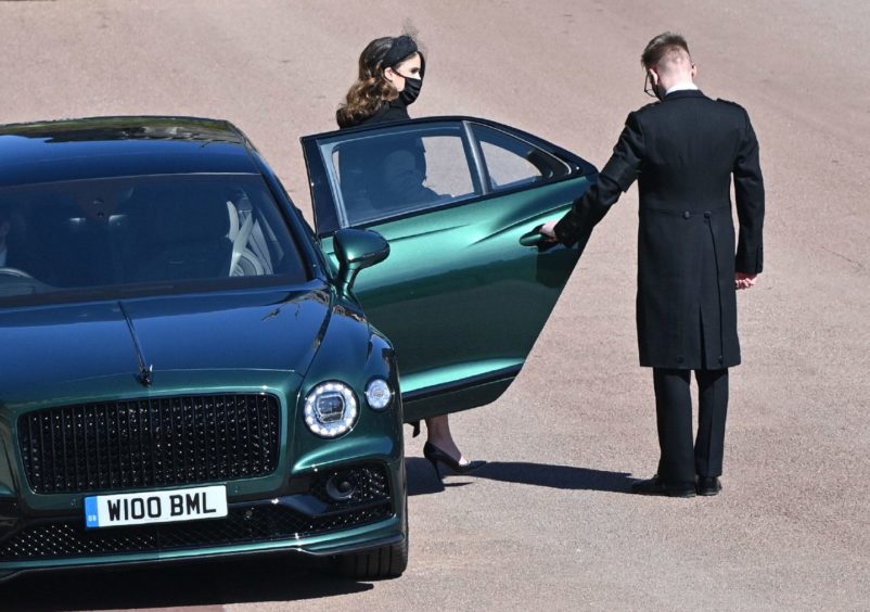 Princess Eugenie arriving outside St George's Chapel, Windsor Castle, Berkshire, ahead of the funeral of the Duke of Edinburgh. Picture date: Saturday April 17, 2021. PA Photo. See PA story FUNERAL Philip. Photo credit should read: Justin Tallis/PA Wire