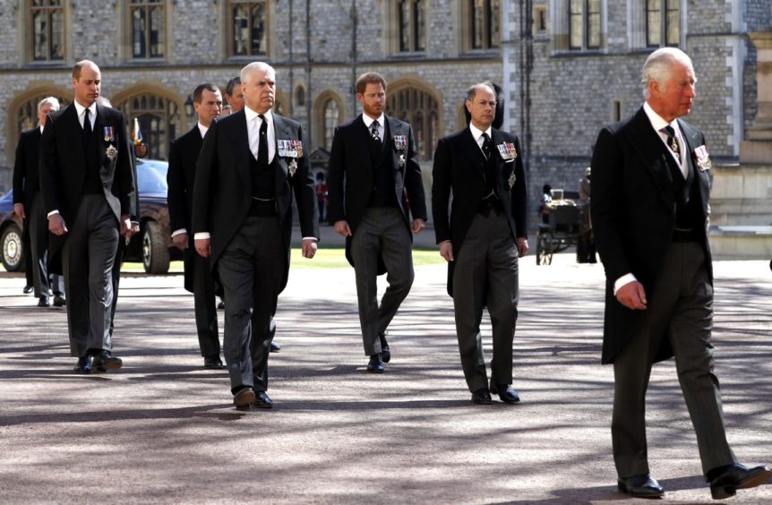 The Duke of Cambridge, The Duke of York, The Duke of Sussex, The Earl of Wessex and Forfar and The Prince of Wales during the funeral of the Duke of Edinburgh at Windsor Castle, Berkshire. Picture date: Saturday April 17, 2021. PA Photo. See PA story FUNERAL Philip. Photo credit should read: Alastair Grant/PA Wire