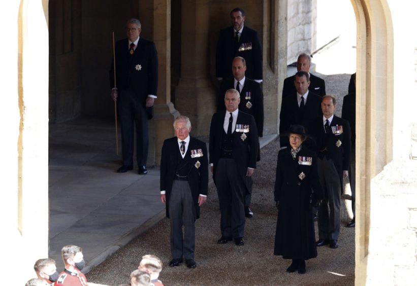 The Prince of Wales, the Duke of York, the Duke of Cambridge, Peter Phillips, the Princess Royal, and the Earl of Wessex arrive at the quadrangle ahead of the funeral of the Duke of Edinburgh in Windsor Castle, Berkshire. Picture date: Saturday April 17, 2021. PA Photo. See PA story FUNERAL Philip. Photo credit should read: Adrian Dennis/PA Wire