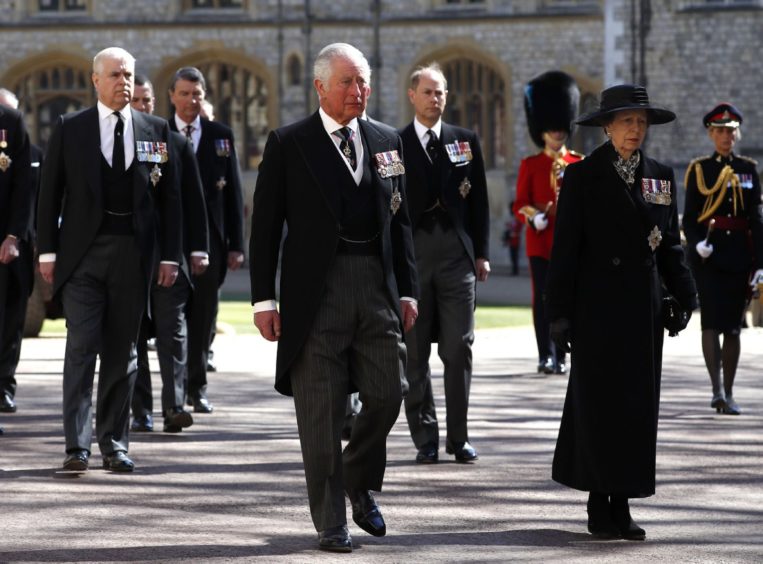 The Duke of York, the Prince of Wales and the Princess Royal during the funeral of the Duke of Edinburgh at Windsor Castle, Berkshire. Picture date: Saturday April 17, 2021. PA Photo. See PA story FUNERAL Philip. Photo credit should read: Alastair Grant/PA Wire