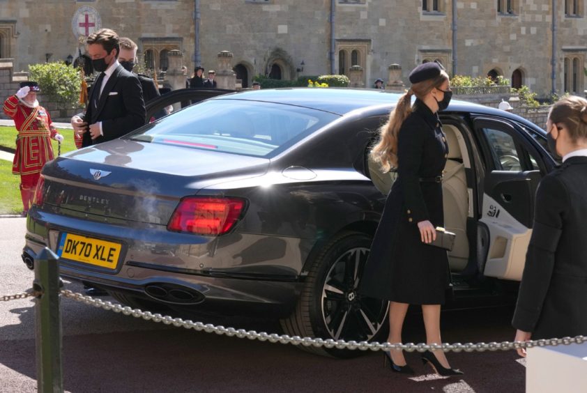 Princess Beatrice and  Edoardo Mapelli Mozzi arrive for the funeral of the Duke of Edinburgh at St George's Chapel, Windsor Castle, Berkshire. Picture date: Saturday April 17, 2021. PA Photo. See PA story FUNERAL Philip. Photo credit should read: Jonathan Brady/PA Wire