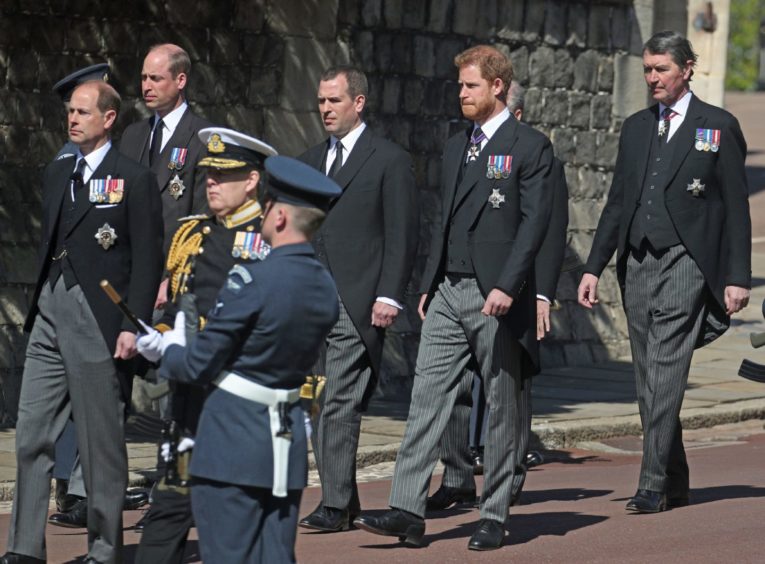(Left to right) The Earl of Wessex, the Duke of Cambridge, Peter Phillips, the Duke of Sussex, and Vice Admiral Sir Timothy Laurence  arrive at  St George's Chapel, Windsor Castle, Berkshire, for the funeral of the Duke of Edinburgh. Picture date: Saturday April 17, 2021. PA Photo. See PA story FUNERAL Philip. Photo credit should read: Steve Parsons/PA Wire