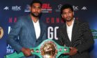 Amir Khan (left) and Neeraj Goyat pose during the head to head during the press conference at The Landmark Hotel, London ahead of their bout, which was ultimately called off.