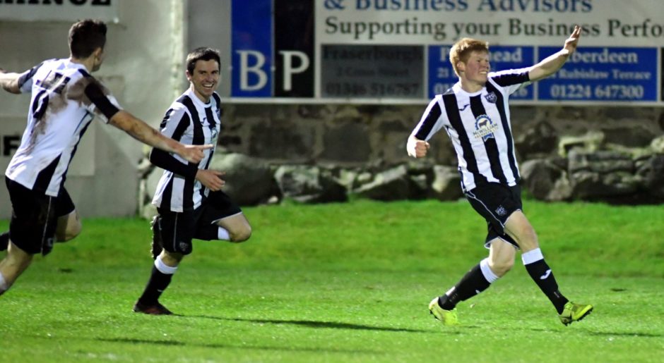 Owen Cairns celebrates scoring for Fraserburgh against Formartine in 2019