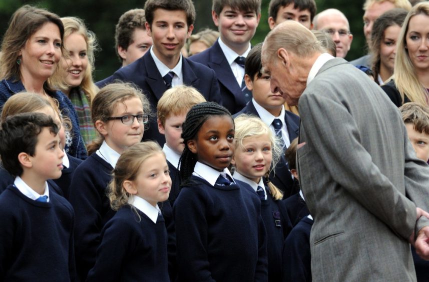 Prince Philip during a private visit to Gordonstoun, where he was a pupil, on the occasion of their 80th anniversary. Picture by Gordon Lennox 2014