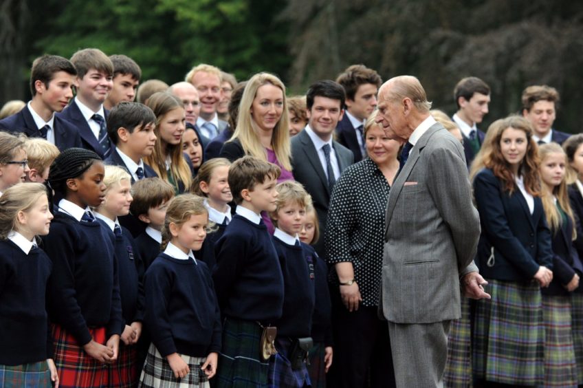 Prince Philip during a private visit to Gordonstoun, where he was a pupil, on the occasion of their 80th anniversary. Picture by Gordon Lennox 2014