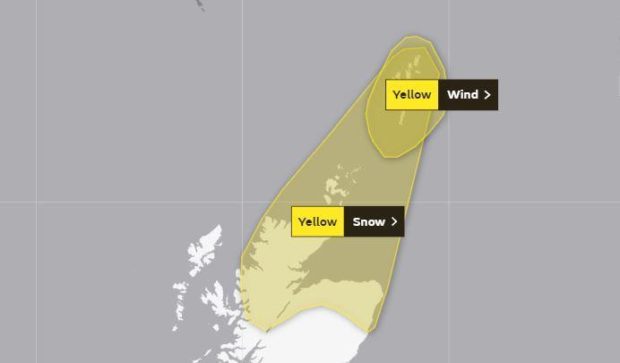 The yellow weather warning for northern Scotland which will come into effect at 7pm, and the current yellow warning for Shetland which is set to expire at 5pm.