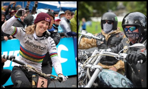 Great Britain's Rachel Atherton celebrates winning the Women's Downhill during the UCI Mountain Bike World Cup at Fort William in 2019. Right: Bikers headed for Thunder in the Glens in 2019.
