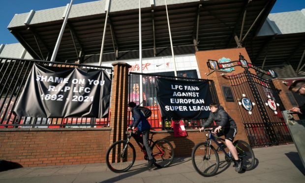 Banners outside Liverpool's Anfield Stadium protesting the formation of the European Super League.