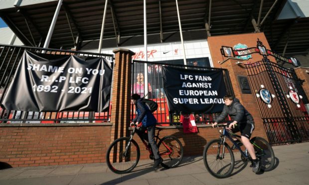 Banners were hung outside Anfield protesting the proposals to launch a European Super League.