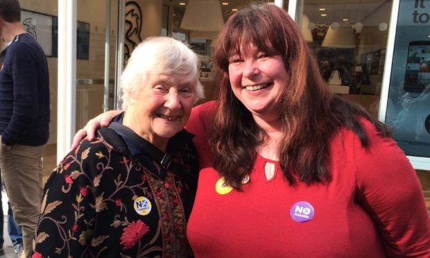 Author Caron Lindsay (right) with Shirley Williams in Dunfermline, before Scotland's independence referendum in 2014