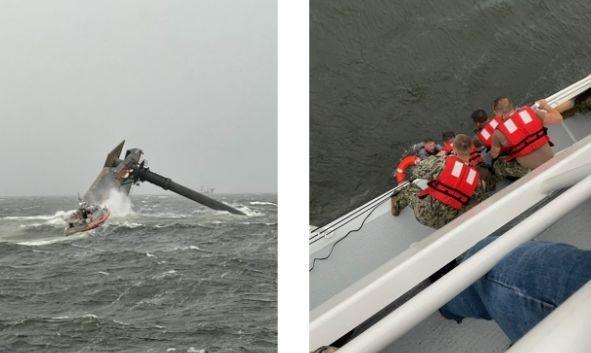A Coast Guard Station Grand Isle 45-foot Response Boat-Medium boatcrew heads toward a capsized 175-foot commercial lift boat April 13, 2021 searching for people in the water 8 miles south of Louisiana. (U.S. Coast Guard photo courtesy of Coast Guard Cutter Glenn Harris)