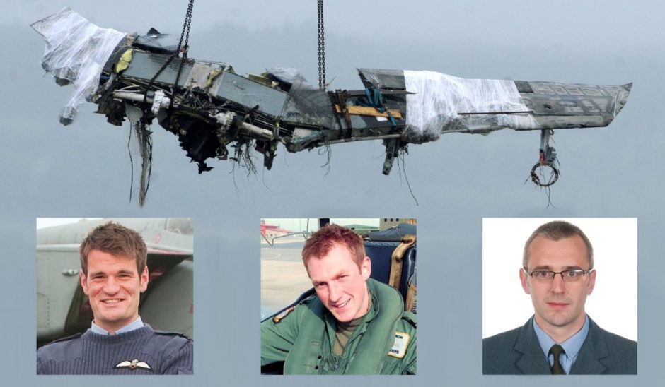 ## INSET ## Flight Lieutenant Hywel Poole (left), Flight Lieutenant Adam Sanders (centre) and Squadron Leader Samuel Bailey (right) who were killed after a Tornado crash in the Moray Firth.
Photograph by Sandy McCook, Inverness 18th July '12
The Far Saphiere docked in Invergordon yesterday to discharge the wreckage of the two crashed RAF Tornado aircraft from the Moray Firth. A large section of wing of one of th aircraft is lifted from the nship before being placed on a 'Queen Mary' transporter.