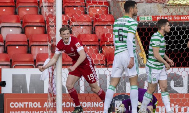 Aberdeen's Lewis Ferguson celebrates making it 1-0 against Celtic.