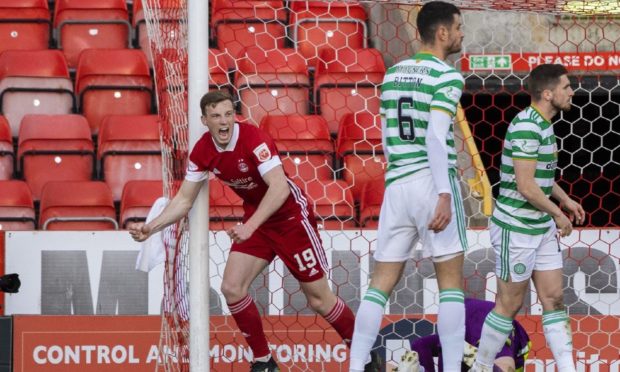 Aberdeen's Lewis Ferguson celebrates making it 1-0 against Celtic.