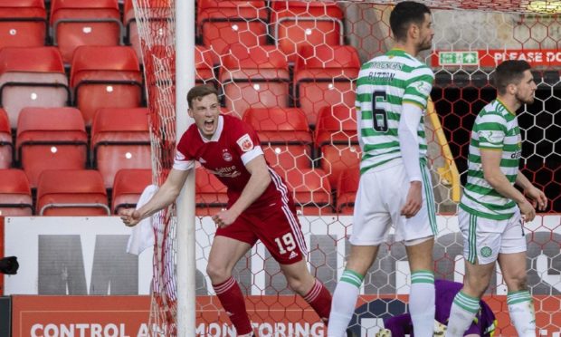 Aberdeen's Lewis Ferguson celebrates making it 1-0 against Celtic.