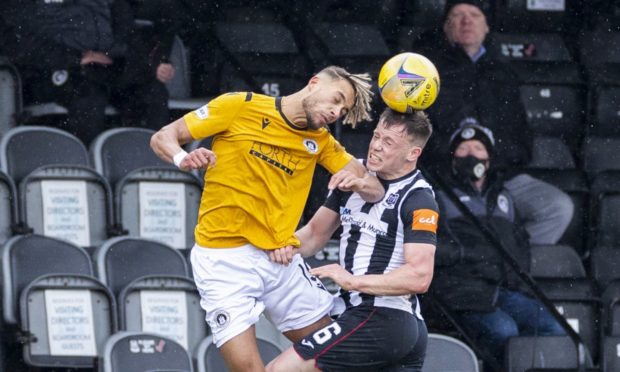 Edinburgh's Ouzy See (L) and Elgin's Angus Mailer during the Scottish League One play-off semi-final. Picture by Roddy Scott/SNS Group