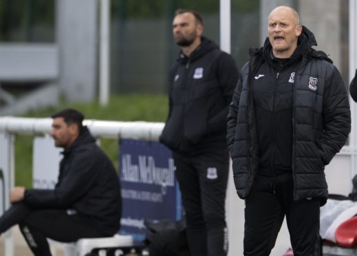 Elgin manager Gavin Price (R) during the Scottish League One play-off semi final.