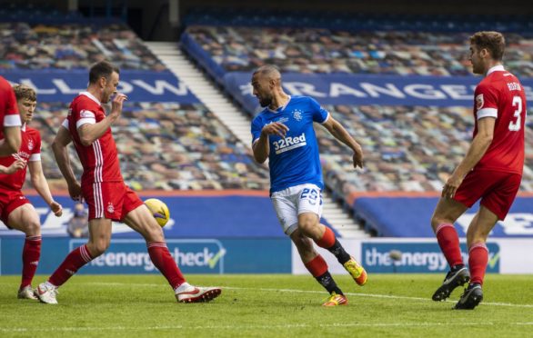 Kemar Roofe makes it 2-0 during the Scottish Premiership match between Rangers and Aberdeen.
