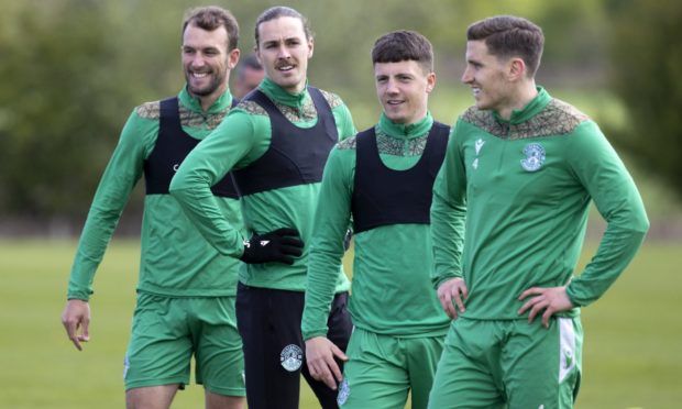 Christian Doidge, Jackson Irvine, Daniel Mackay and Paul Hanlon during Hibernian training this month.