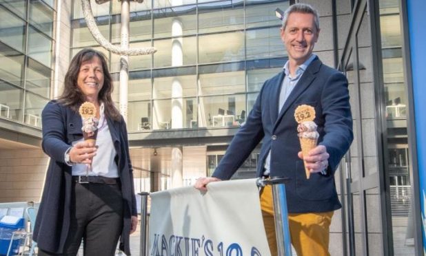 Mackie's of Scotland Marketing Director Karin Hayhow and VisitAberdeenshire CEO Chris Foy with the new ice cream flavour 'Majestic Aberdeenshire'