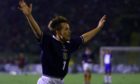 Billy Dodds celebrates scoring for Scotland against Bosnia.