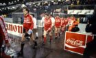 The Dons and Real Madrid players take to the field in the Ullevi Stadium, Gothenburg.
Dons players from the left, Jim Leighton, John McMaster, Mark McGhee and Gordon Strachan.