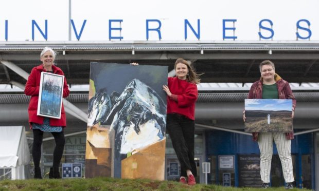 Highland Creatives artists Louise Innes, left, Yelena Visemirska and Evija Laivina showcase their work at Inverness Airport. Photograph by Martin Shields Photography.
